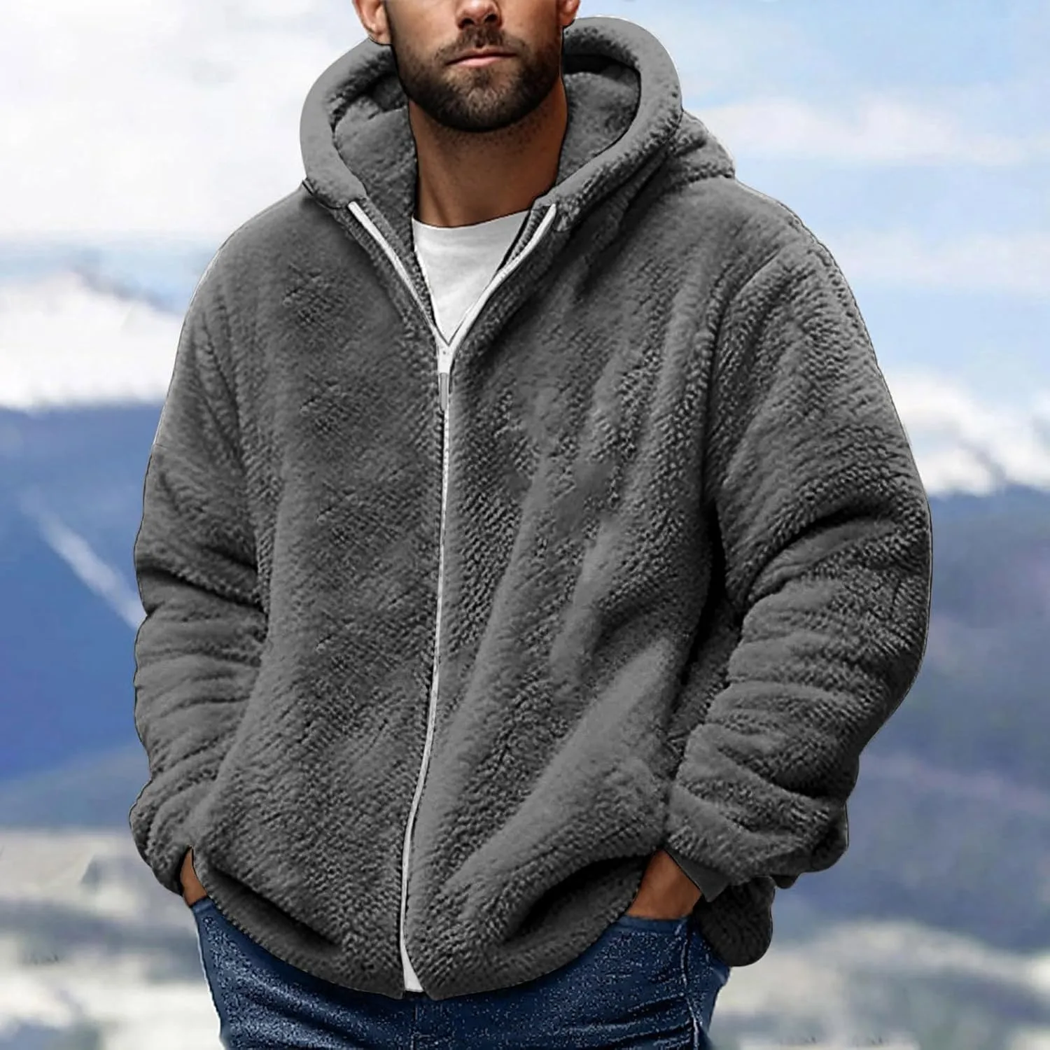 Sherpa Jacket Men Winter Long Sleeve Full Zip Plush Coats Casual Thicken Hooded Jacket Warm Coat Outerwear