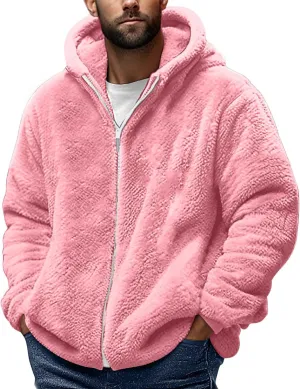 Sherpa Jacket Men Winter Long Sleeve Full Zip Plush Coats Casual Thicken Hooded Jacket Warm Coat Outerwear