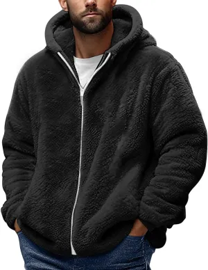 Sherpa Jacket Men Winter Long Sleeve Full Zip Plush Coats Casual Thicken Hooded Jacket Warm Coat Outerwear