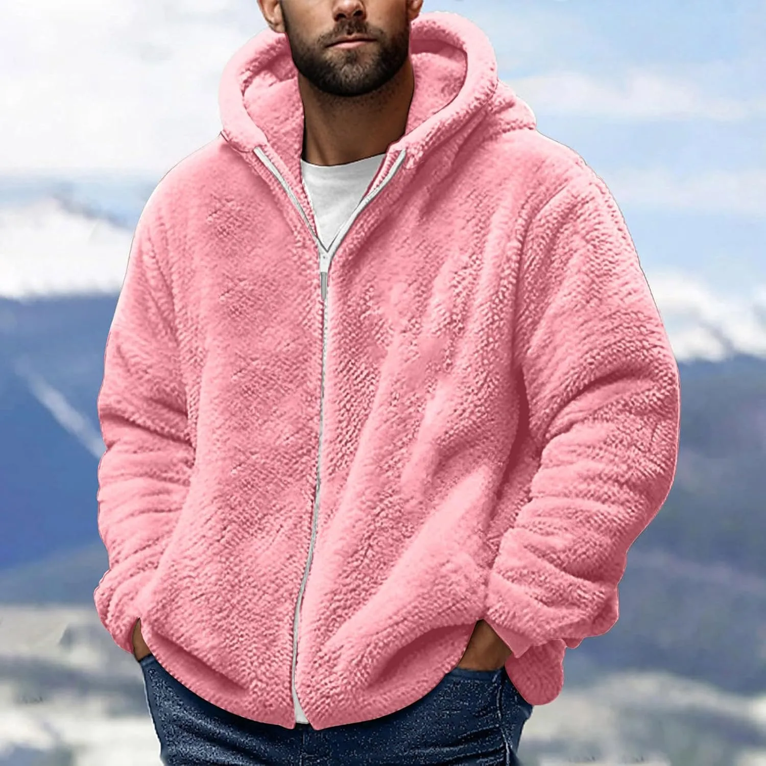 Sherpa Jacket Men Winter Long Sleeve Full Zip Plush Coats Casual Thicken Hooded Jacket Warm Coat Outerwear