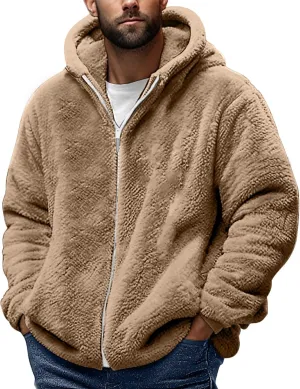Sherpa Jacket Men Winter Long Sleeve Full Zip Plush Coats Casual Thicken Hooded Jacket Warm Coat Outerwear