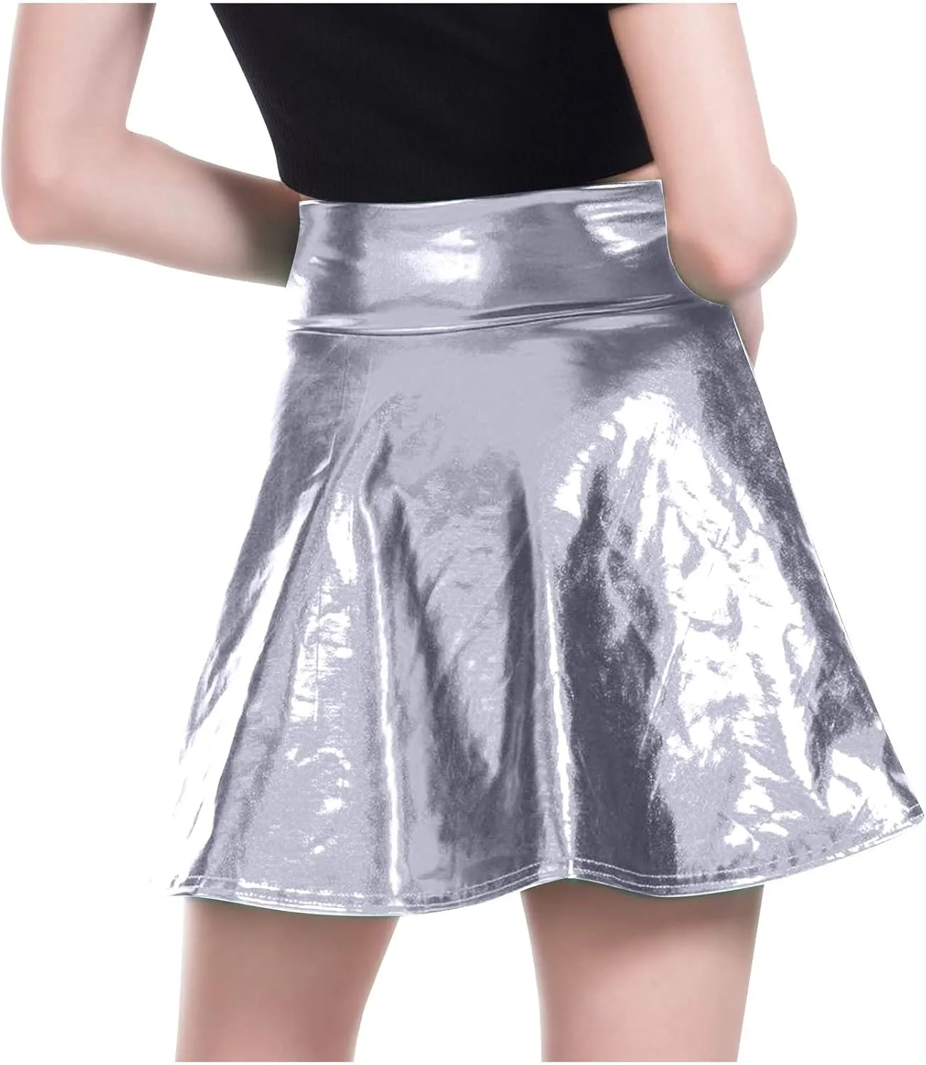 Shiny Metallic Mini Skirts for Women Sparkly High Waisted Skirt Elastic Stretchy Pleated Skirts A Line Flared Skirt