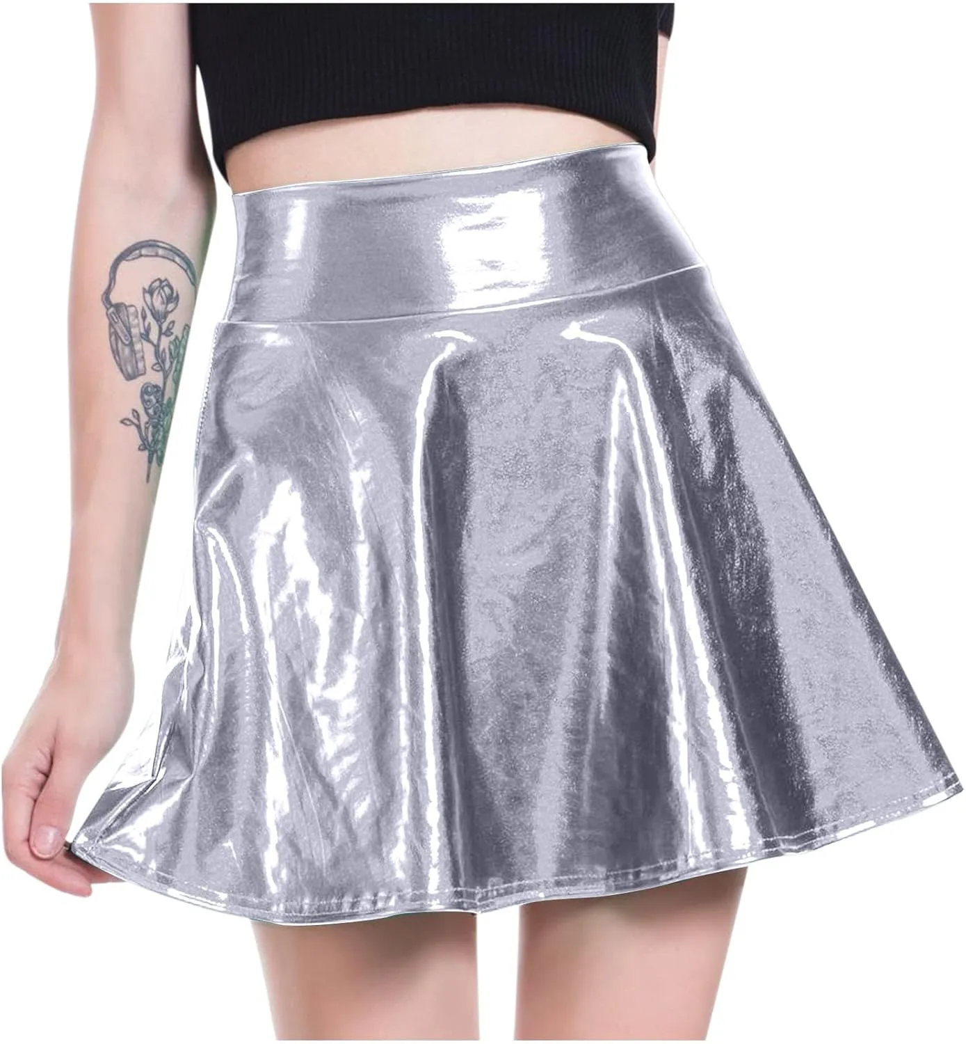 Shiny Metallic Mini Skirts for Women Sparkly High Waisted Skirt Elastic Stretchy Pleated Skirts A Line Flared Skirt