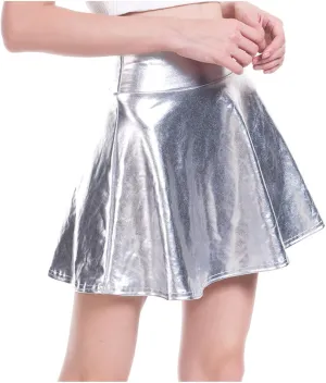 Shiny Metallic Mini Skirts for Women Sparkly High Waisted Skirt Elastic Stretchy Pleated Skirts A Line Flared Skirt