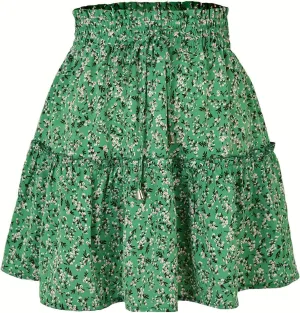 Short Skirts for Women 2025 Vacation A-Line Ruffle Hem Shirt Loose Floral Drawstring Cute Beach Casual Skirt Summer