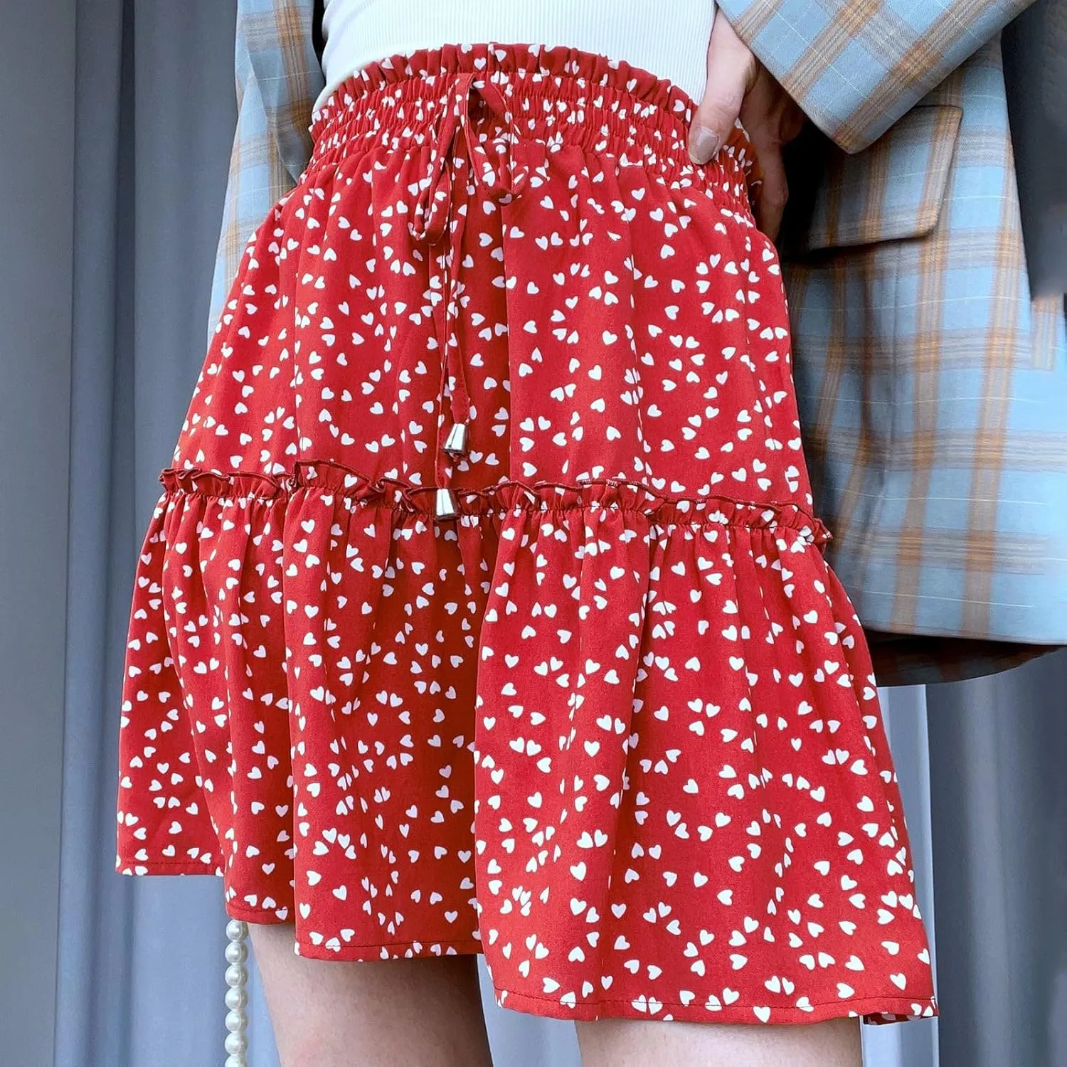 Short Skirts for Women 2025 Vacation A-Line Ruffle Hem Shirt Loose Floral Drawstring Cute Beach Casual Skirt Summer