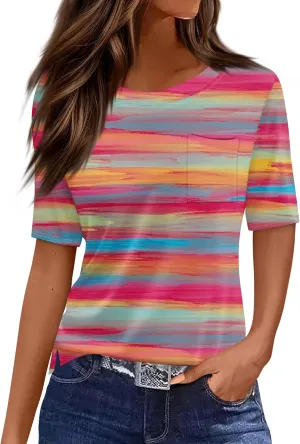 Short Sleeve Shirts for Women Pocket T Shirt Loose Crewneck Plus Size Tops for Women Daily Outfits