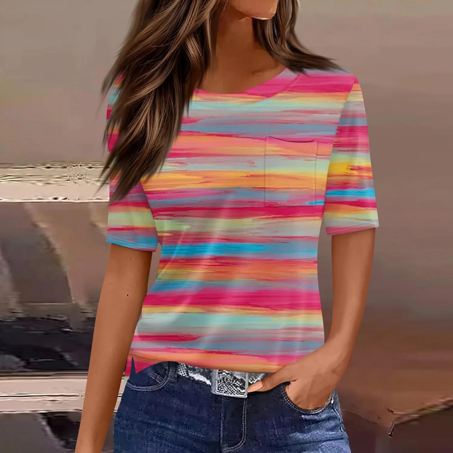 Short Sleeve Shirts for Women Pocket T Shirt Loose Crewneck Plus Size Tops for Women Daily Outfits