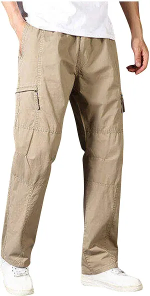 Sinzelimin Men's Cotton Cargo Pants Fashion Solid Color Plus Size Multi-Pockets Loose Comfy Elastic Waist Sweatpant Trousers