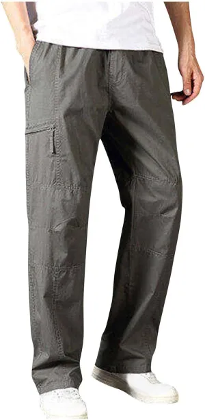 Sinzelimin Men's Cotton Cargo Pants Fashion Solid Color Plus Size Multi-Pockets Loose Comfy Elastic Waist Sweatpant Trousers
