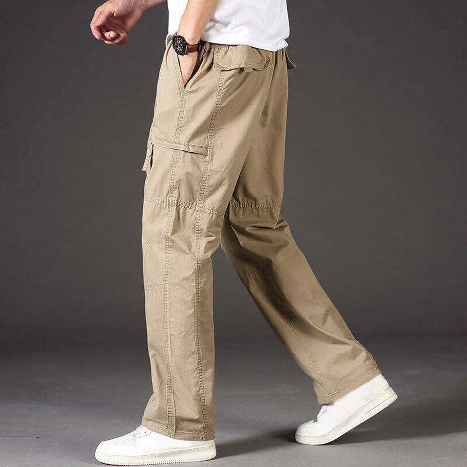 Sinzelimin Men's Cotton Cargo Pants Fashion Solid Color Plus Size Multi-Pockets Loose Comfy Elastic Waist Sweatpant Trousers