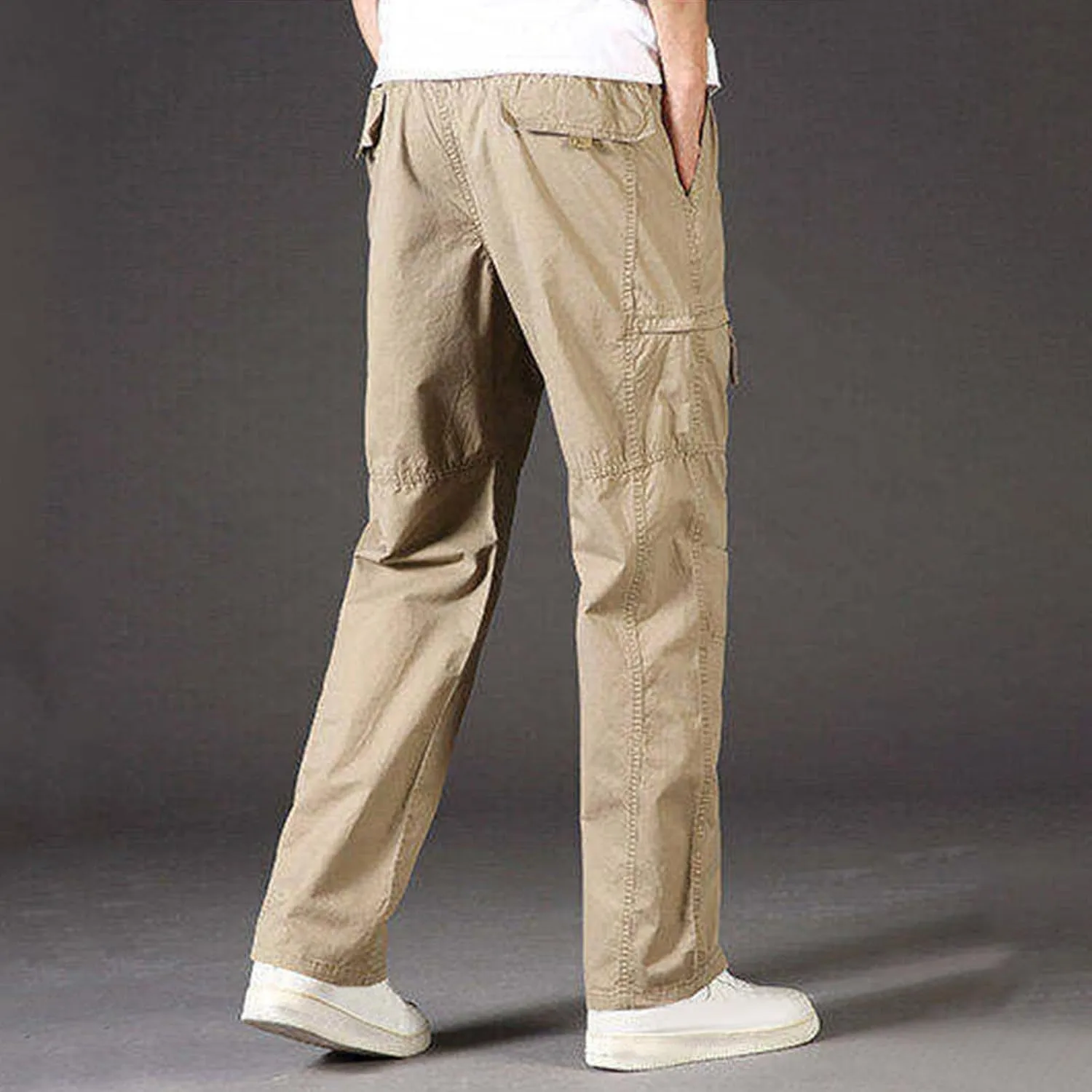Sinzelimin Men's Cotton Cargo Pants Fashion Solid Color Plus Size Multi-Pockets Loose Comfy Elastic Waist Sweatpant Trousers
