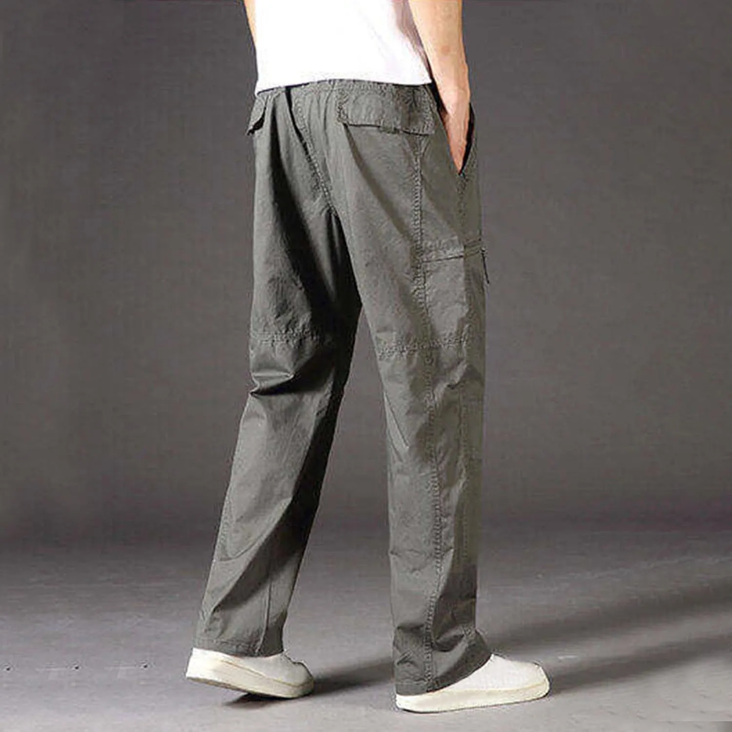 Sinzelimin Men's Cotton Cargo Pants Fashion Solid Color Plus Size Multi-Pockets Loose Comfy Elastic Waist Sweatpant Trousers