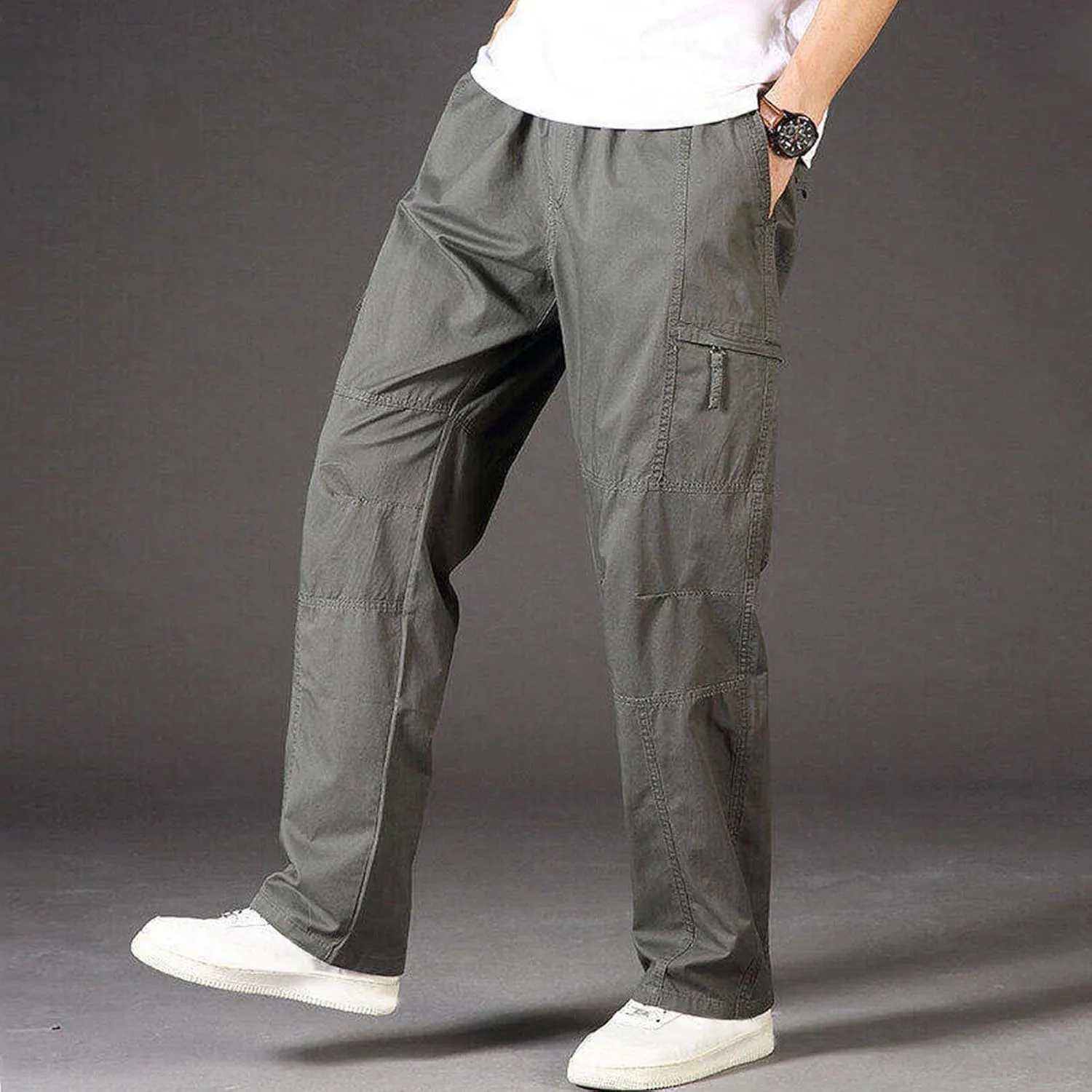 Sinzelimin Men's Cotton Cargo Pants Fashion Solid Color Plus Size Multi-Pockets Loose Comfy Elastic Waist Sweatpant Trousers