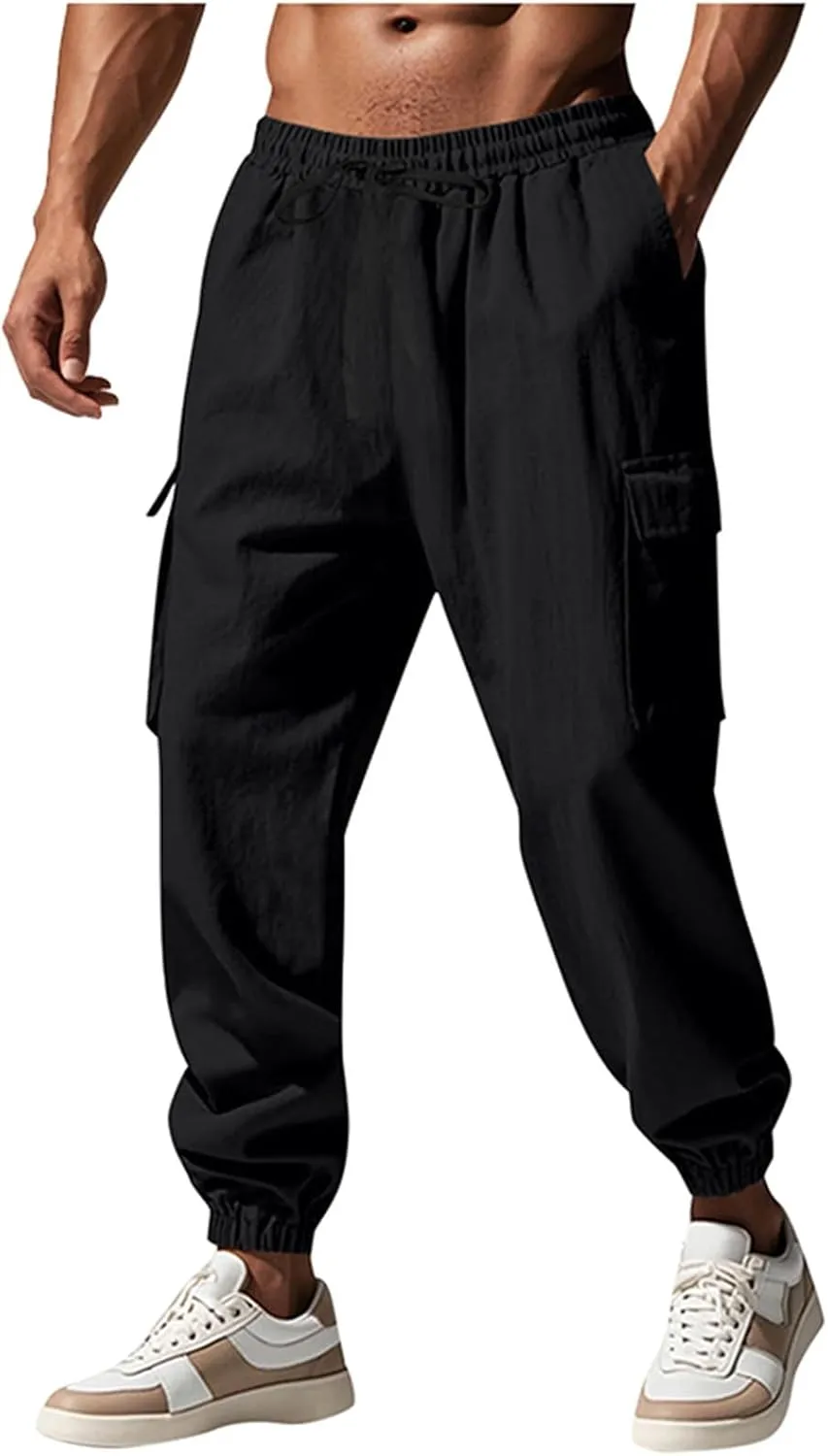 Sinzelimin Men's Linen Cargo Pants Fashion Solid Lace up Elastic Waist Multiple Pockets Wide Leg Sweatpant Versatile Trouser