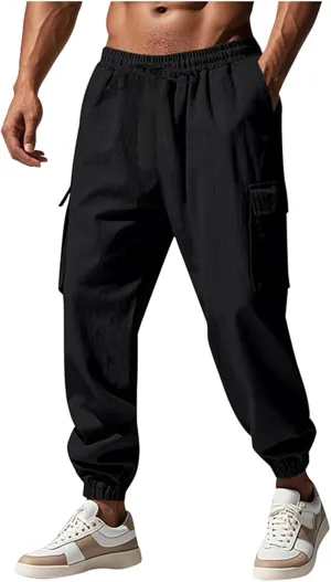 Sinzelimin Men's Linen Cargo Pants Fashion Solid Lace up Elastic Waist Multiple Pockets Wide Leg Sweatpant Versatile Trouser