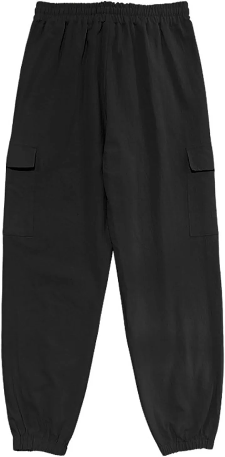 Sinzelimin Men's Linen Cargo Pants Fashion Solid Lace up Elastic Waist Multiple Pockets Wide Leg Sweatpant Versatile Trouser