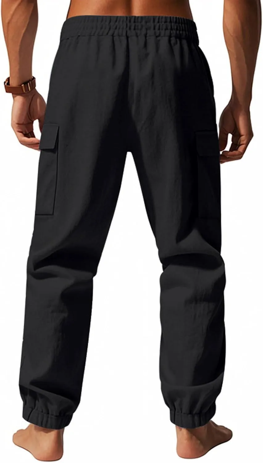 Sinzelimin Men's Linen Cargo Pants Fashion Solid Lace up Elastic Waist Multiple Pockets Wide Leg Sweatpant Versatile Trouser