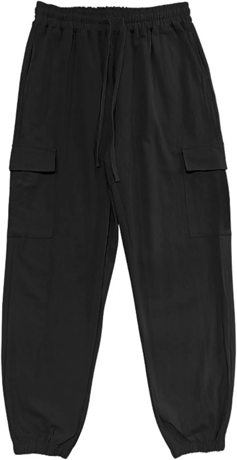 Sinzelimin Men's Linen Cargo Pants Fashion Solid Lace up Elastic Waist Multiple Pockets Wide Leg Sweatpant Versatile Trouser