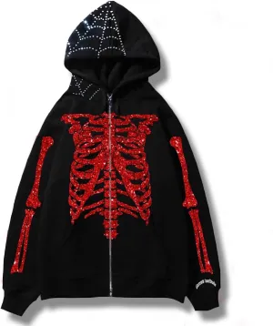 Skeleton Full Zip Up Hoodies Women Men Cosplay Skull Graphic Print Sweatshirt Gothic Oversized Jackets