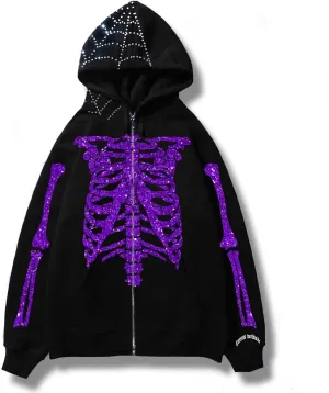 Skeleton Full Zip Up Hoodies Women Men Cosplay Skull Graphic Print Sweatshirt Gothic Oversized Jackets