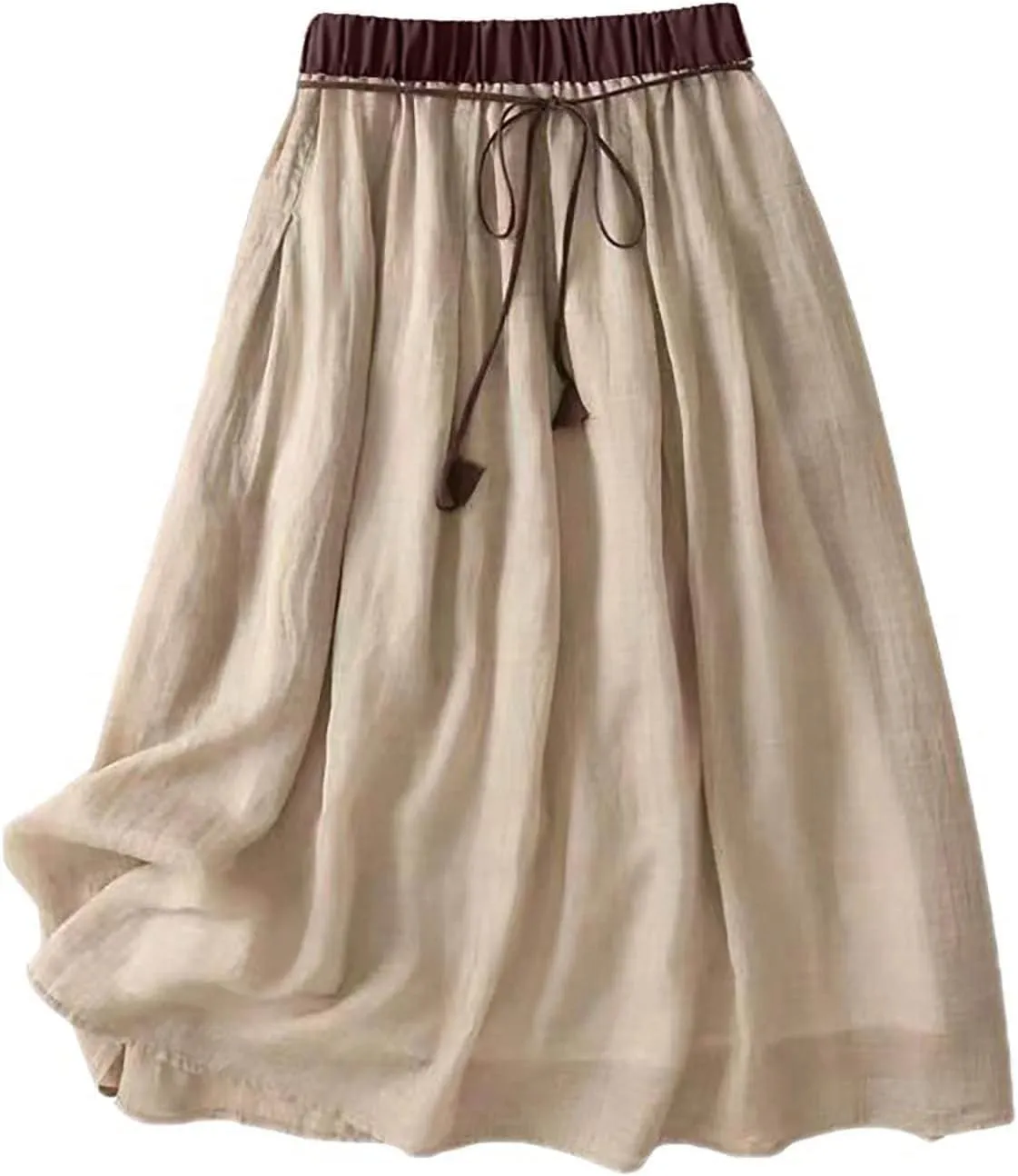 Skirts for Women Fall Spring Elastic Waist Double Layer Skirt Ethic Linen Long Skirts Comfy Loose Fit Midi Skirt