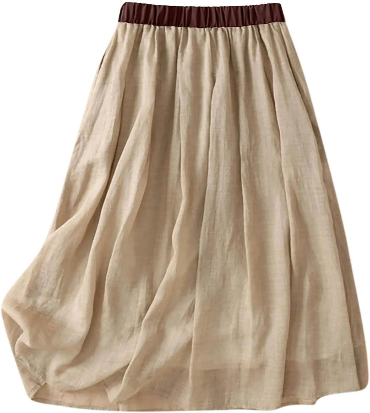 Skirts for Women Fall Spring Elastic Waist Double Layer Skirt Ethic Linen Long Skirts Comfy Loose Fit Midi Skirt