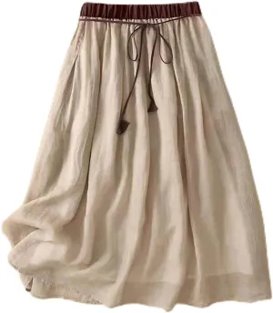 Skirts for Women Fall Spring Elastic Waist Double Layer Skirt Ethic Linen Long Skirts Comfy Loose Fit Midi Skirt