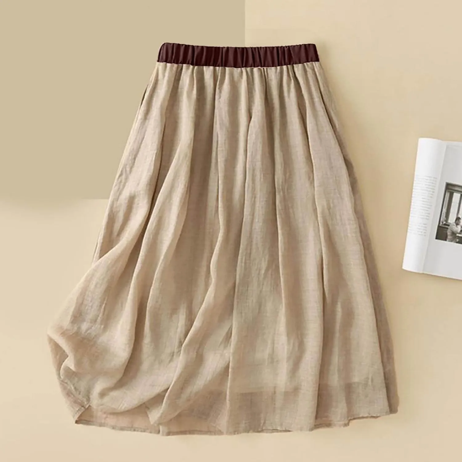Skirts for Women Fall Spring Elastic Waist Double Layer Skirt Ethic Linen Long Skirts Comfy Loose Fit Midi Skirt