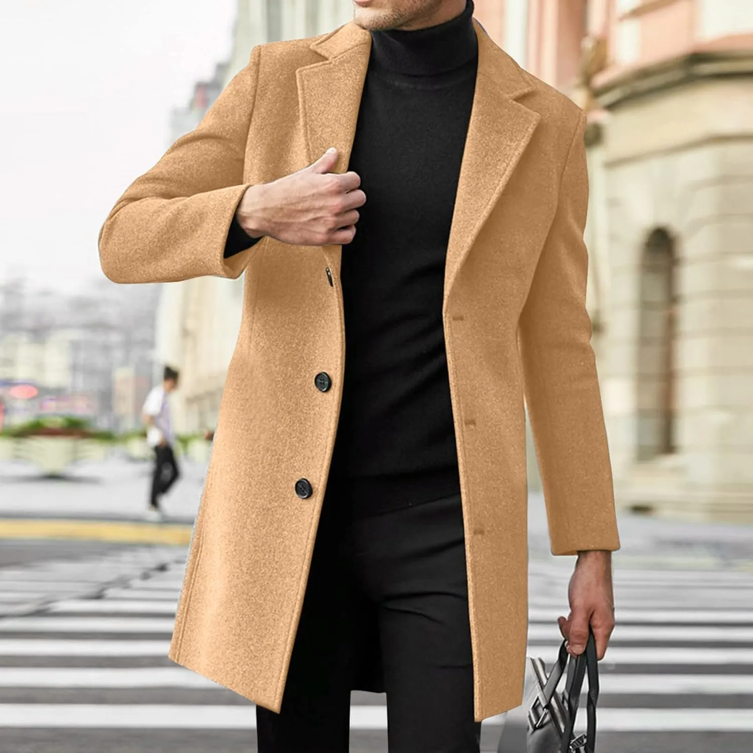 Slim Fit Trench Coat for Men Fall Single Breasted Lapel Mid-Length Pea Jacket Soft Elegant Woolen Coat Windbreaker