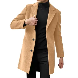 Slim Fit Trench Coat for Men Fall Single Breasted Lapel Mid-Length Pea Jacket Soft Elegant Woolen Coat Windbreaker
