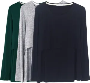 Smallshow Women's Nursing Tops Long Sleeve Shirts for Breastfeeding 3-Pack