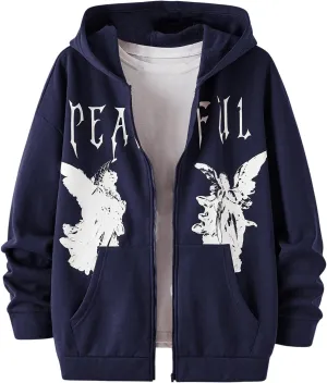 SOLY HUX Men's Graphic Zip Up Hoodies Streetwear Jacket Letter Print Long Sleeve Sweatshirt with Pocket