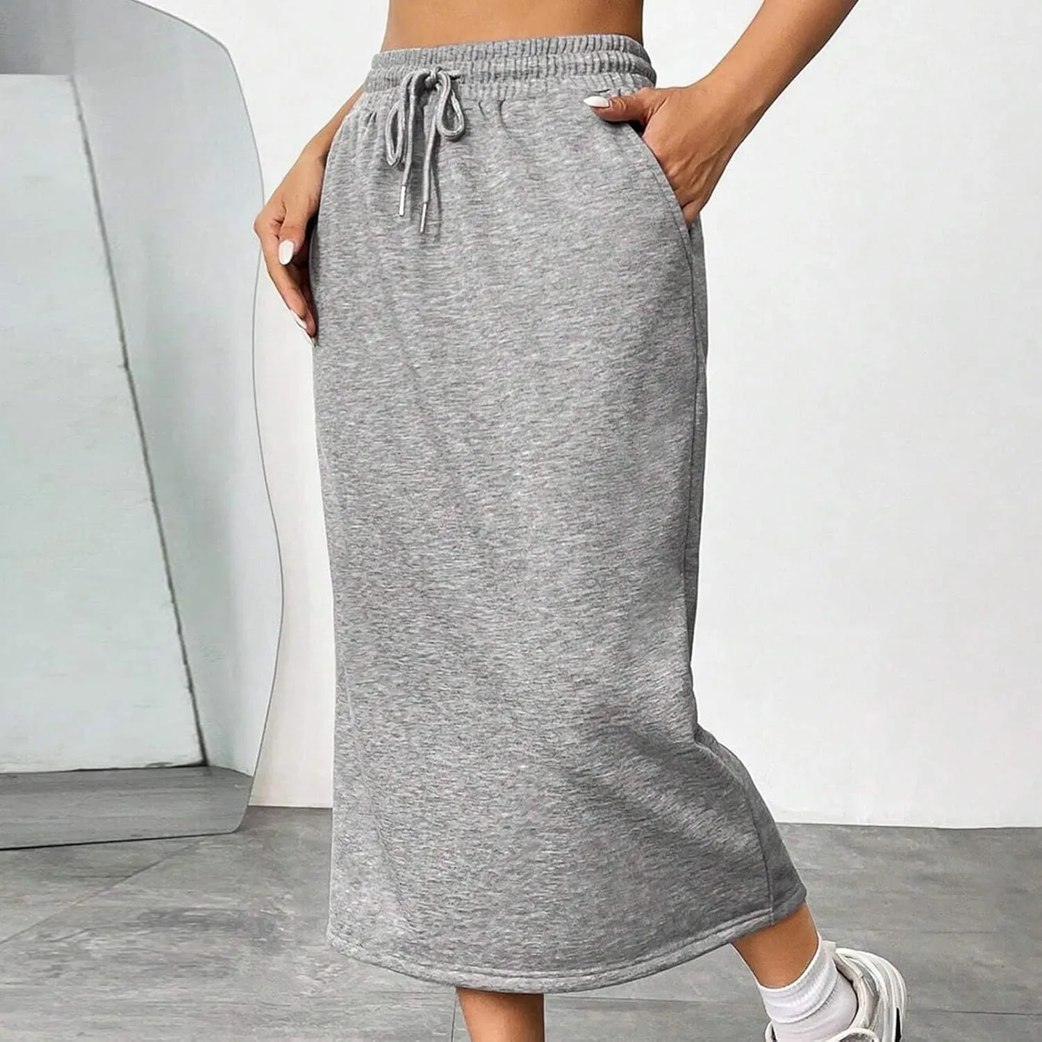Sports Casual Skirts for Womens Solid Color Elastic Waist Slit Straight Maxi Skirt Summer Beach Sundress 2025 Trendy