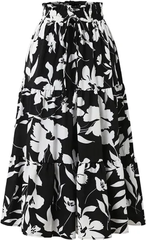 Summer Boho Floral Print Casual Skirt for Women, Fashion Drawstring Ruched Tiered Midi Skirts Elastic Comfy Flowy Clothes