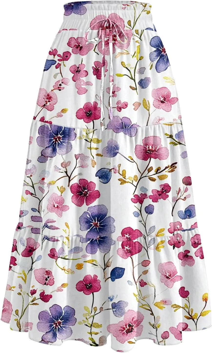 Summer Floral Midi Skirt for Women Comfy Tiered Elastic High Waisted Vacation A-Line Flowy Swing Long