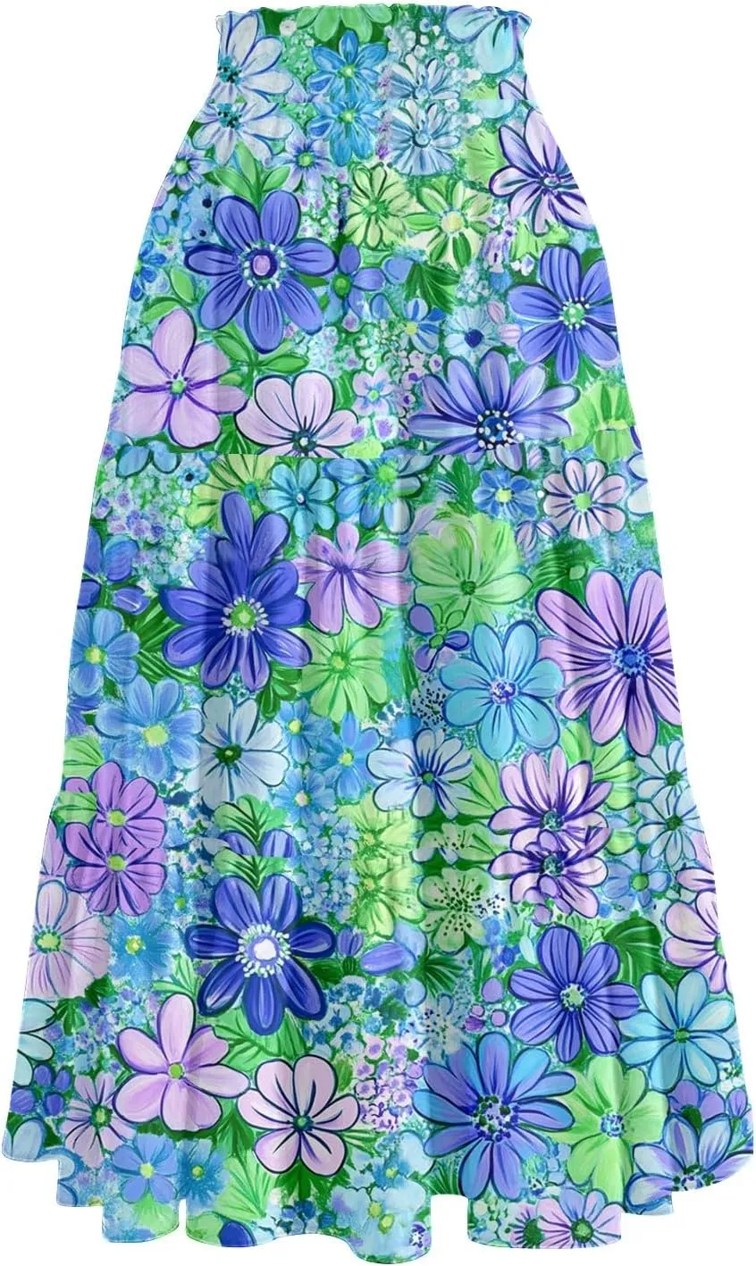 Summer Floral Midi Skirt for Women Comfy Tiered Elastic High Waisted Vacation A-Line Flowy Swing Long