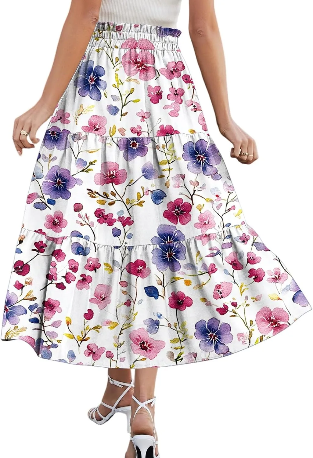 Summer Floral Midi Skirt for Women Comfy Tiered Elastic High Waisted Vacation A-Line Flowy Swing Long