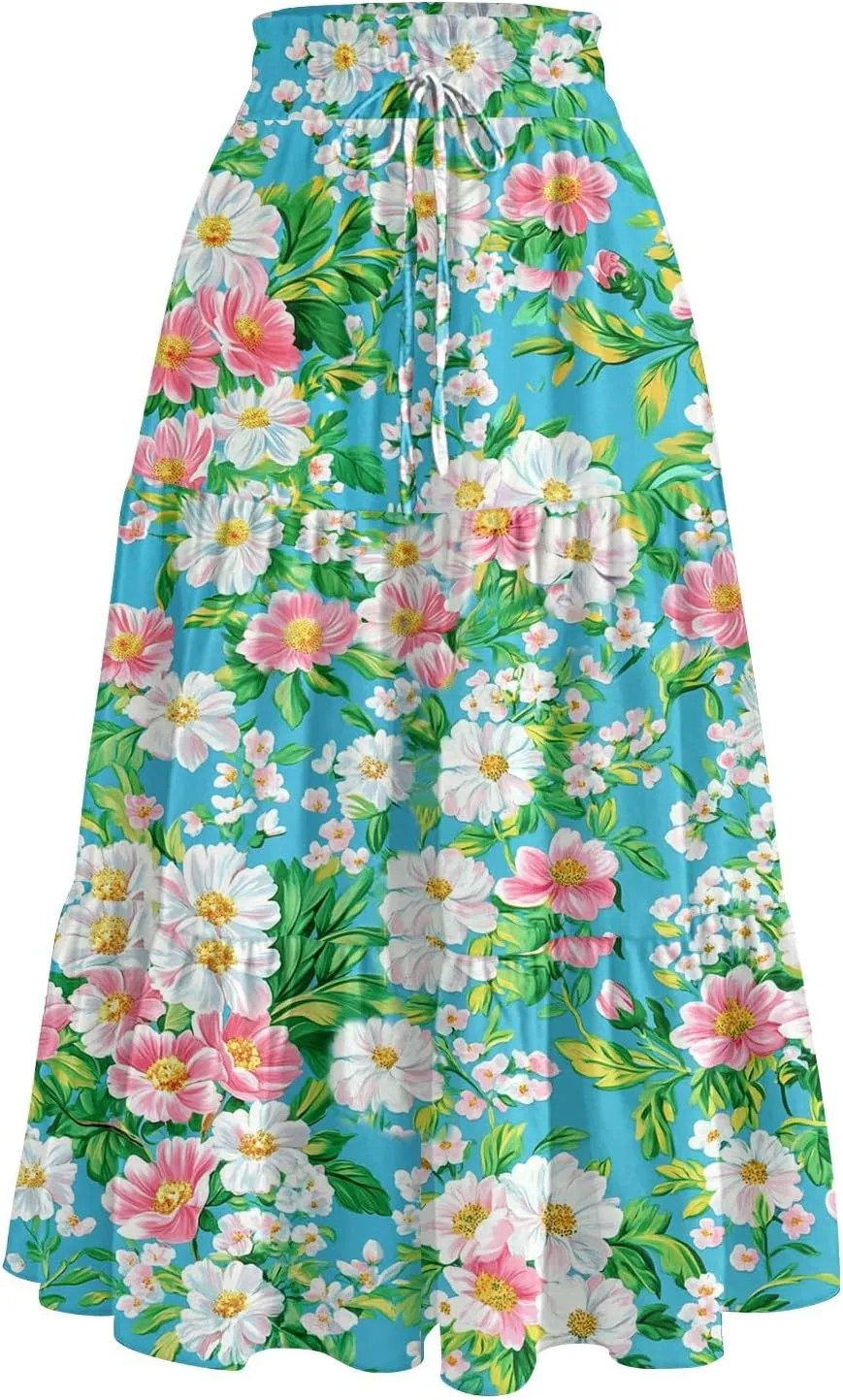 Summer Floral Midi Skirt for Women Comfy Tiered Elastic High Waisted Vacation A-Line Flowy Swing Long