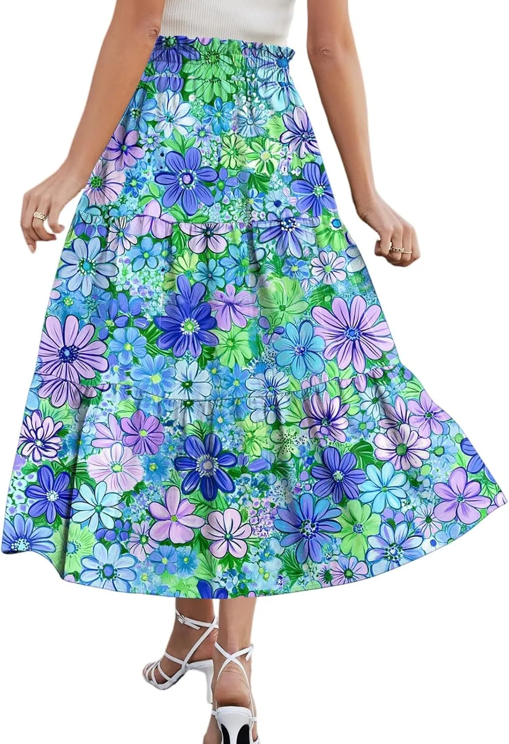 Summer Floral Midi Skirt for Women Comfy Tiered Elastic High Waisted Vacation A-Line Flowy Swing Long