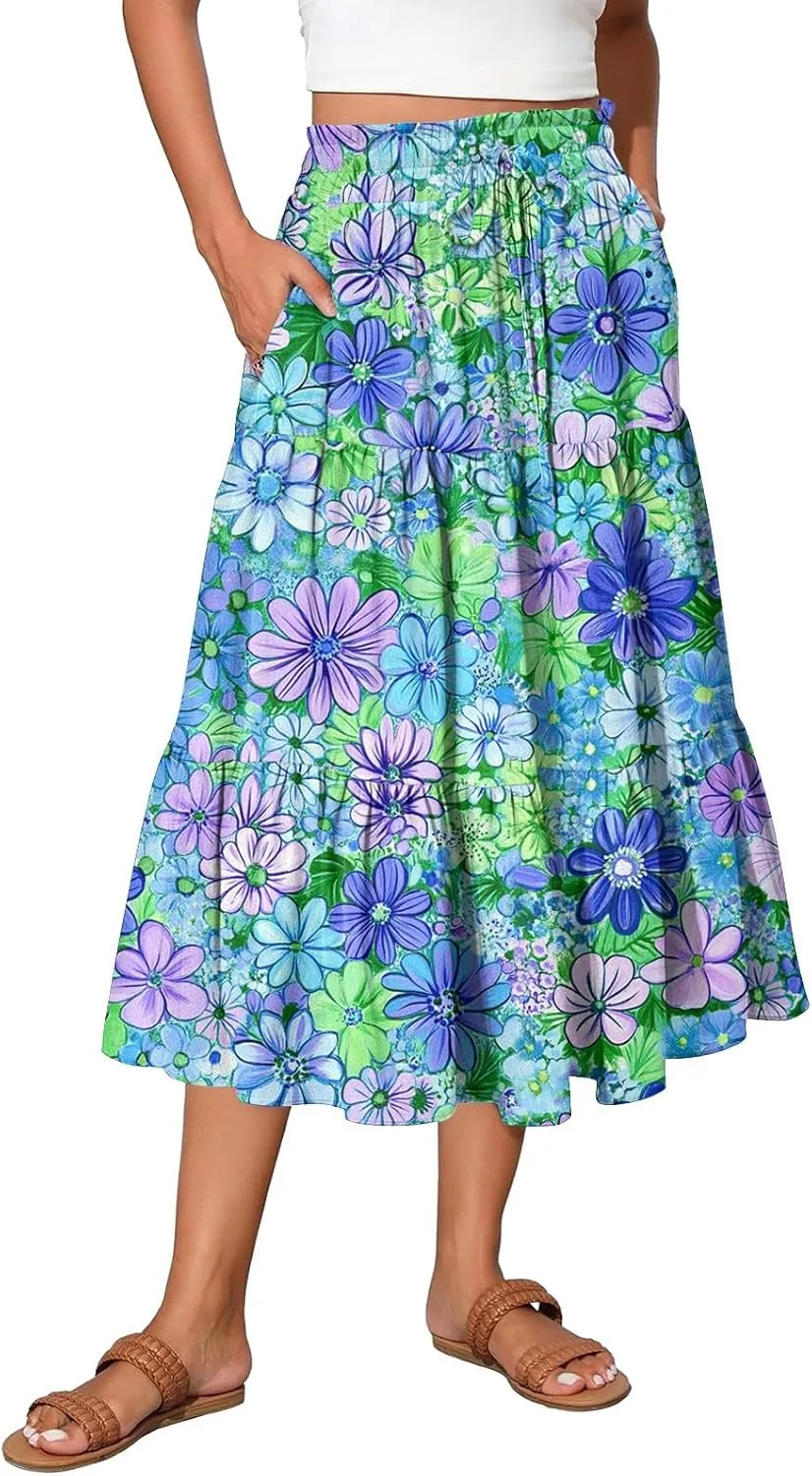 Summer Floral Midi Skirt for Women Comfy Tiered Elastic High Waisted Vacation A-Line Flowy Swing Long