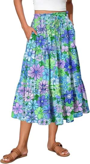 Summer Floral Midi Skirt for Women Comfy Tiered Elastic High Waisted Vacation A-Line Flowy Swing Long