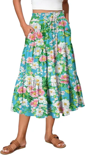 Summer Floral Midi Skirt for Women Comfy Tiered Elastic High Waisted Vacation A-Line Flowy Swing Long
