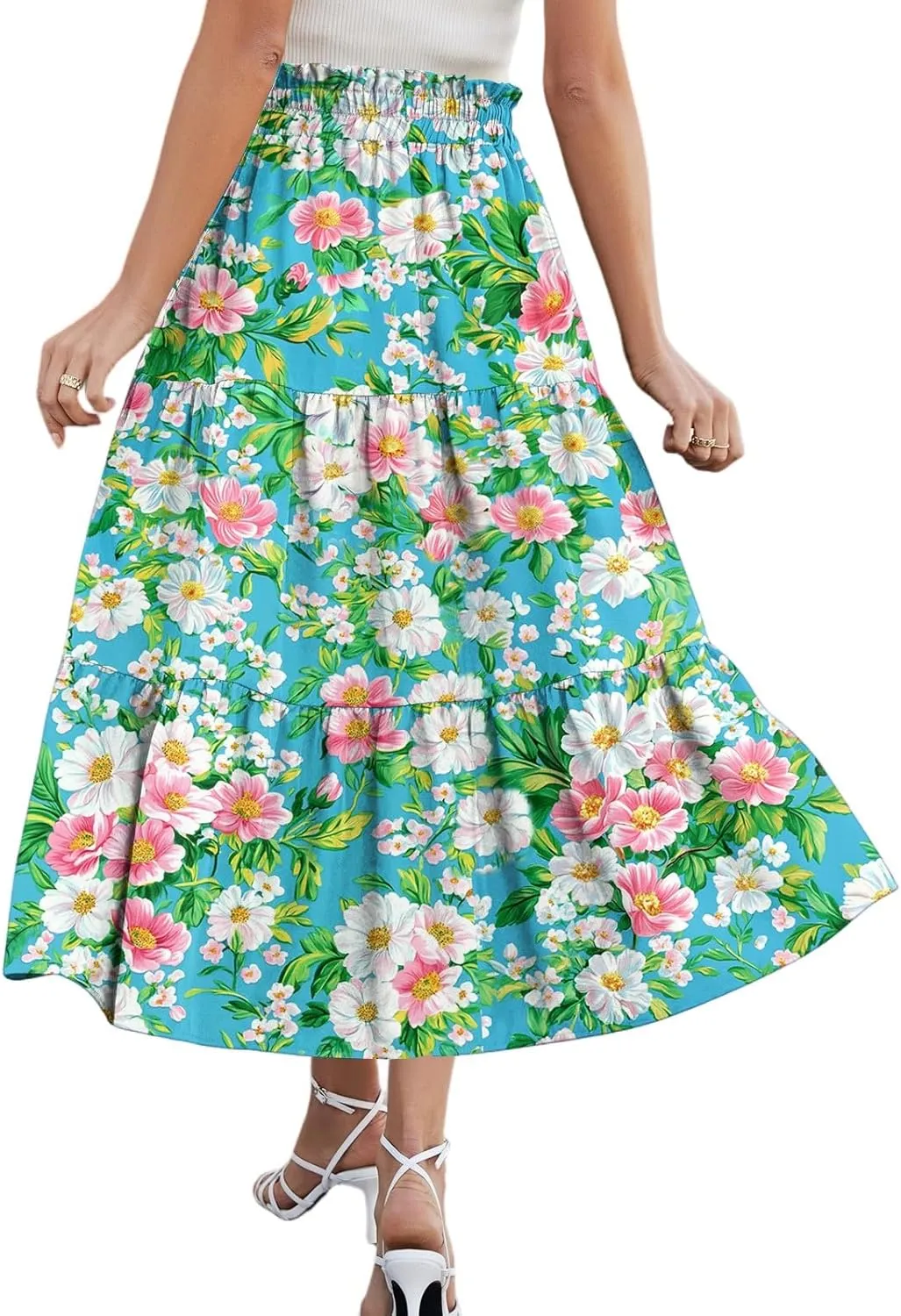 Summer Floral Midi Skirt for Women Comfy Tiered Elastic High Waisted Vacation A-Line Flowy Swing Long