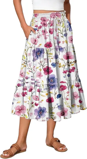 Summer Floral Midi Skirt for Women Comfy Tiered Elastic High Waisted Vacation A-Line Flowy Swing Long