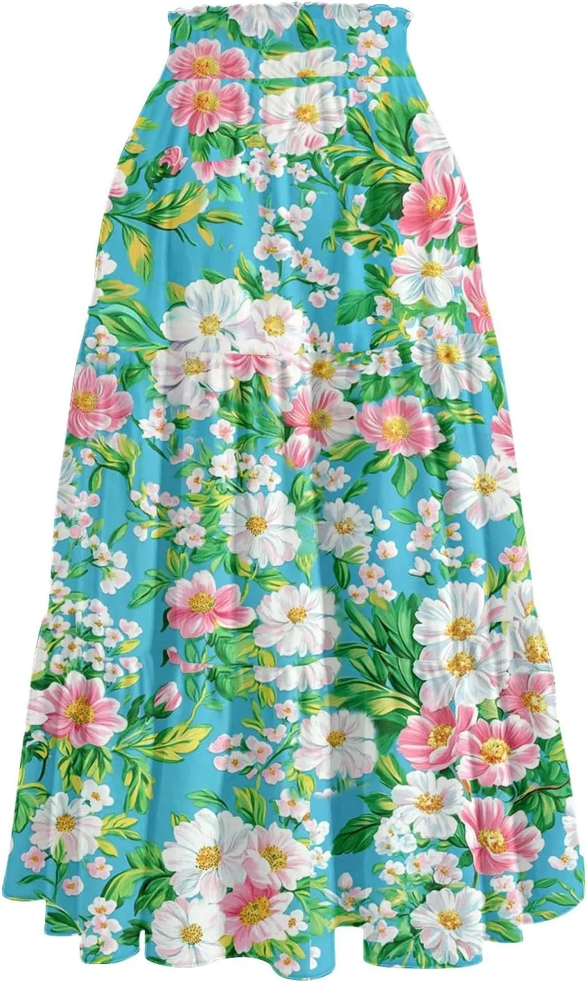 Summer Floral Midi Skirt for Women Comfy Tiered Elastic High Waisted Vacation A-Line Flowy Swing Long