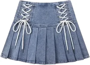 Summer Lace Up A Line Skirt Women's Sexy High Waist Denim Pleated Mini Skirt