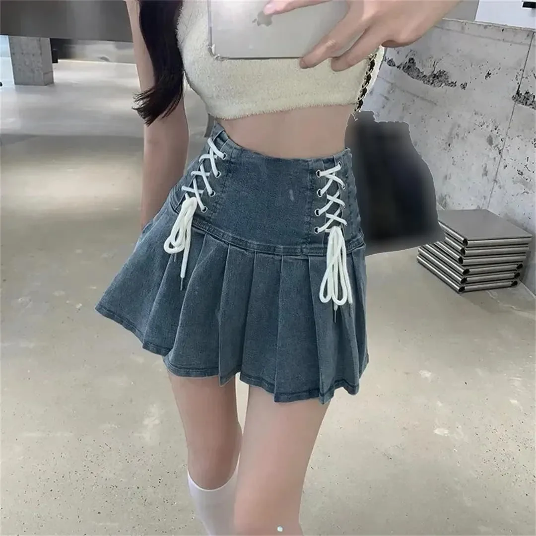 Summer Lace Up A Line Skirt Women's Sexy High Waist Denim Pleated Mini Skirt