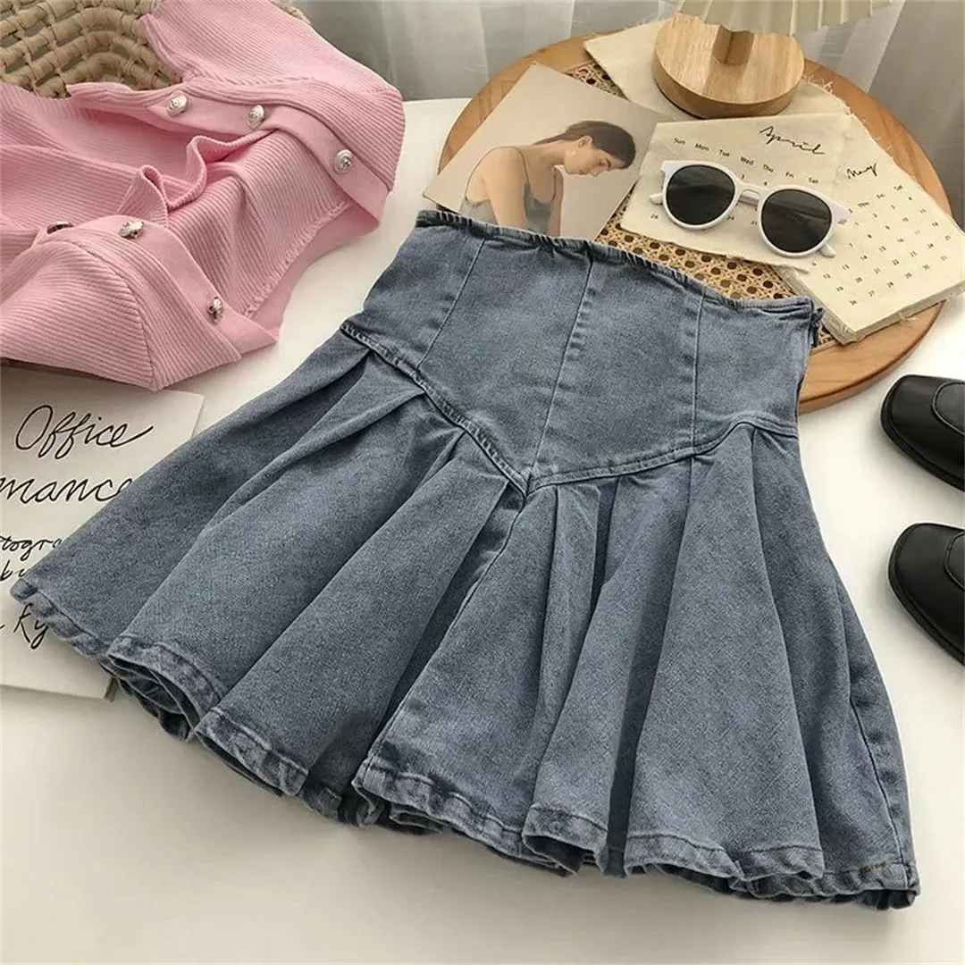 Summer Lace Up A Line Skirt Women's Sexy High Waist Denim Pleated Mini Skirt