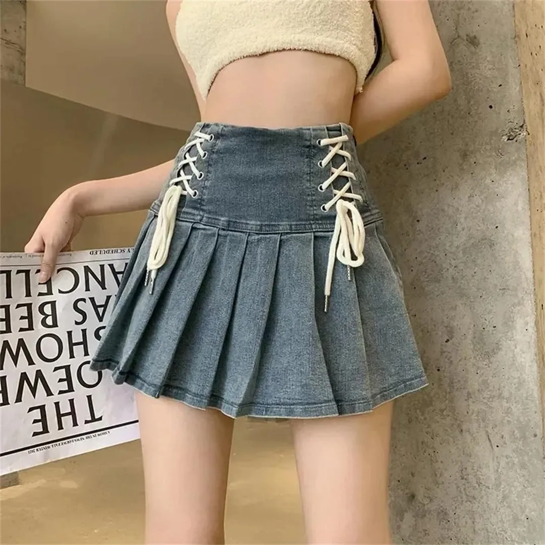 Summer Lace Up A Line Skirt Women's Sexy High Waist Denim Pleated Mini Skirt